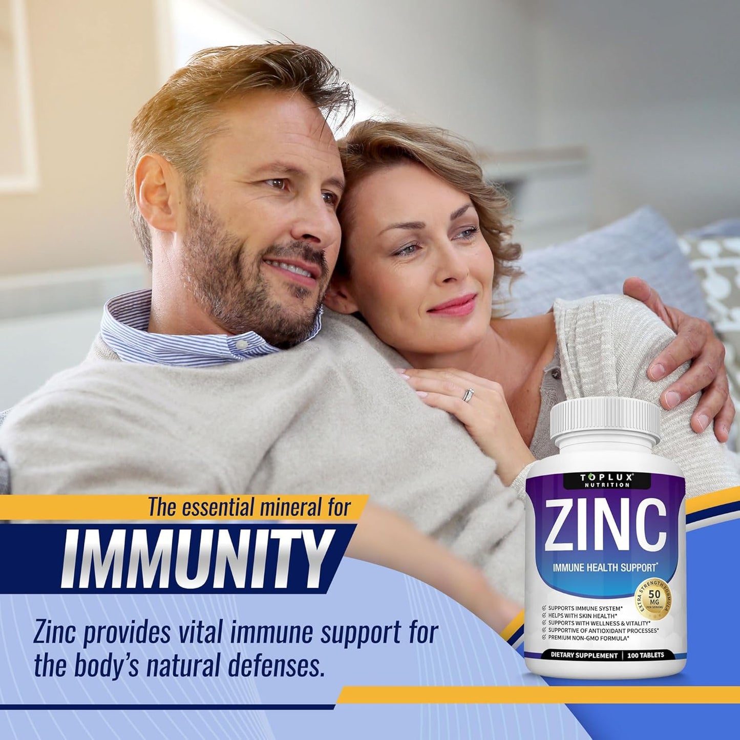 High Potency Toplux Zinc Supplement 50mg - Immune Support with Pure Natural Zinc Oxide for Skin & Antioxidant Support - 100 Tablets for Men and Women