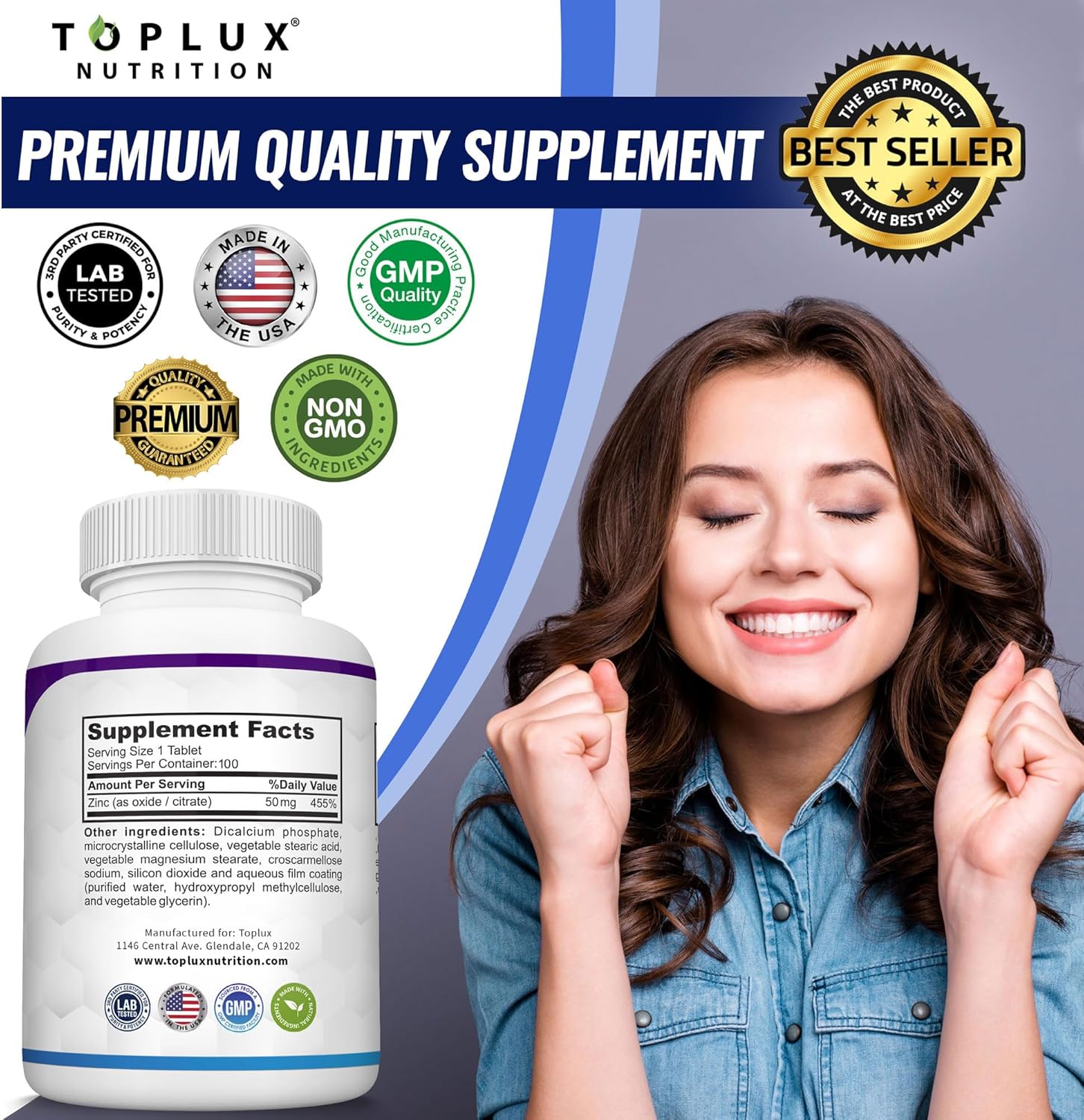 High Potency Toplux Zinc Supplement 50mg - Immune Support with Pure Natural Zinc Oxide for Skin & Antioxidant Support - 100 Tablets for Men and Women