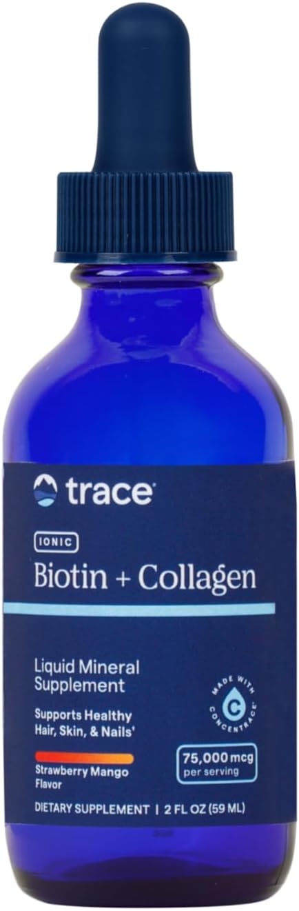 High-Potency Trace Minerals Ionic Biotin & Collagen Supplement for Healthy Hair, Skin, and Joints - Strawberry Mango, 2 fl oz