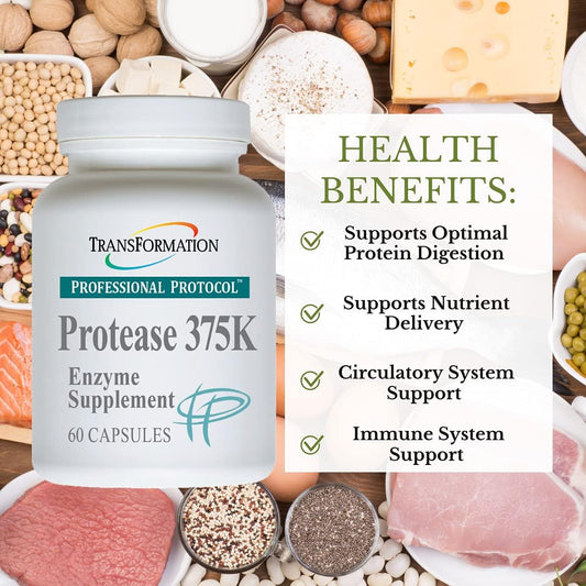 High-Potency Transformation Enzymes Protease 375K Supplement for Protein Absorption & Gut Health - 60 Capsules, Non-GMO