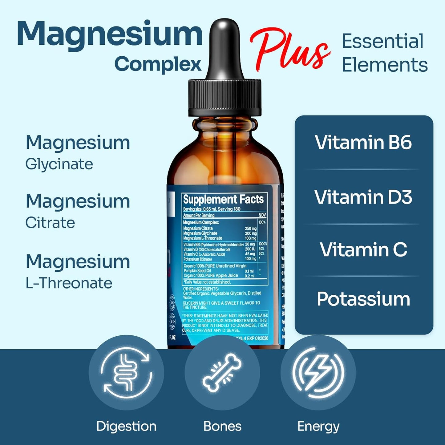 High Potency Triple Complex Magnesium Liquid Drops with Vitamins - 4 oz Family Size - 90-Day Supply - Advanced Absorption Formula