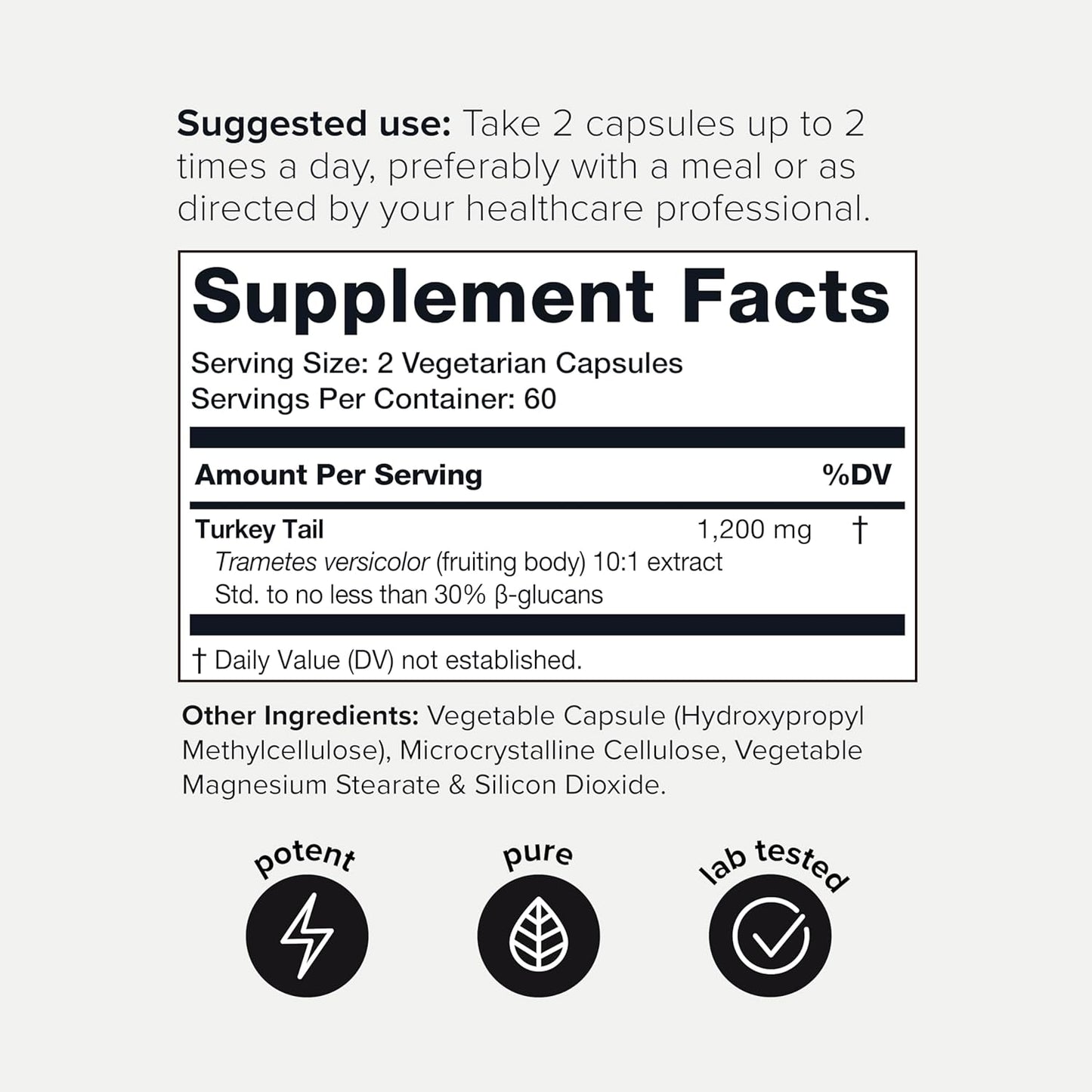 High Potency Turkey Tail Mushroom Capsules - 10:1 Extract with 30% Beta Glucans - Third-Party Tested - 120 Capsules