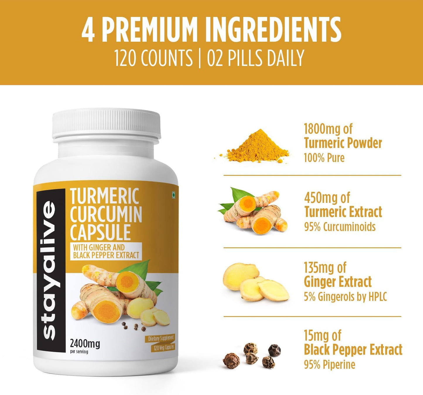 High Potency Turmeric Capsules with Ginger & Black Pepper - 2400mg, 95% Curcuminoids, 120 Capsules for Immunity, Skin & Joint Health - BoostGo Australia