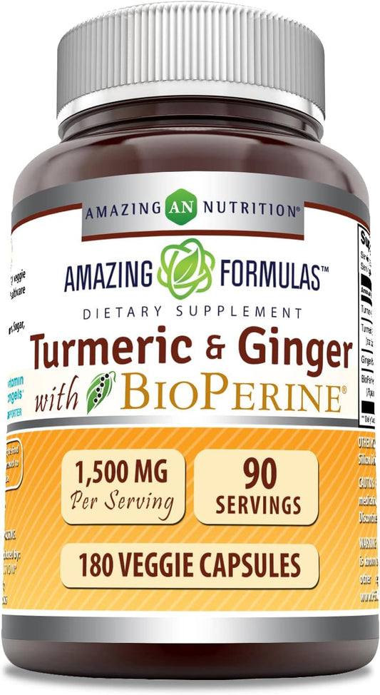 High Potency Turmeric Curcumin & Ginger Supplement with BioPerine | 1500 mg Per Serving | 180 Veggie Capsules | Non-GMO & Gluten Free | Made in USA | Vegetarian Friendly - BoostGo Australia