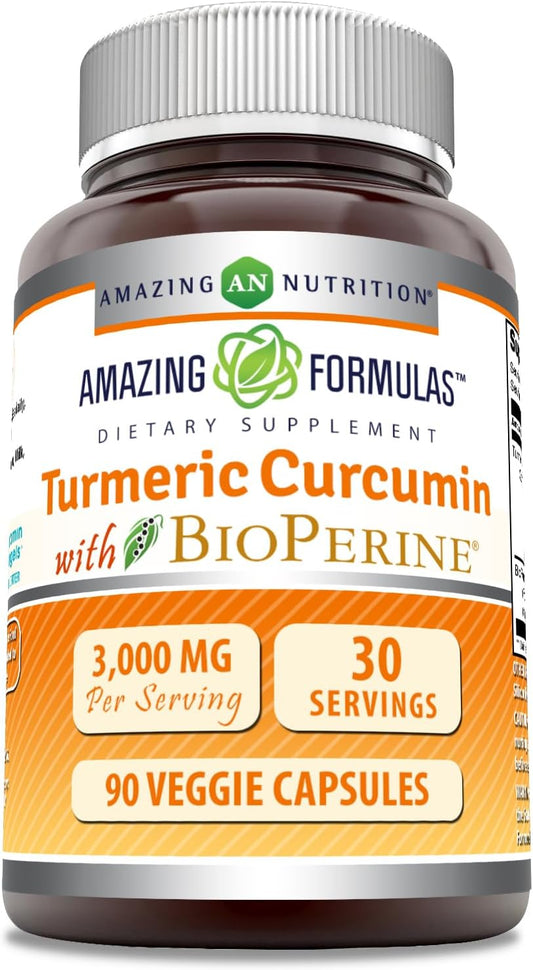 High Potency Turmeric Curcumin Supplement with Bioperine | 3000 mg Per Serving | 90 Veggie Capsules | Non-GMO & Gluten Free