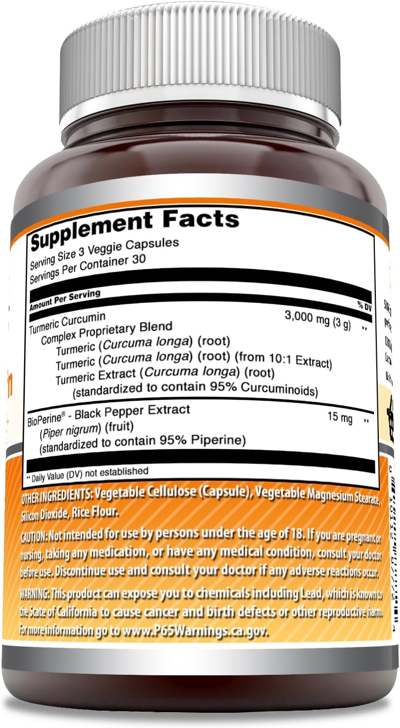 High Potency Turmeric Curcumin Supplement with Bioperine | 3000 mg Per Serving | 90 Veggie Capsules | Non-GMO & Gluten Free