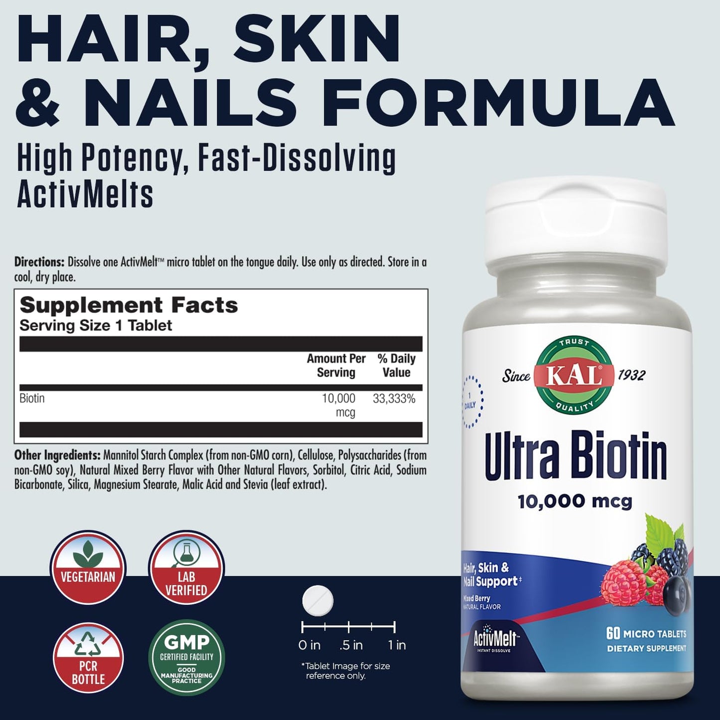 High Potency Ultra Biotin 10000mcg ActivMelt for Hair Growth, Skin & Nails - Vegetarian Mixed Berry Flavor - 60 Servings