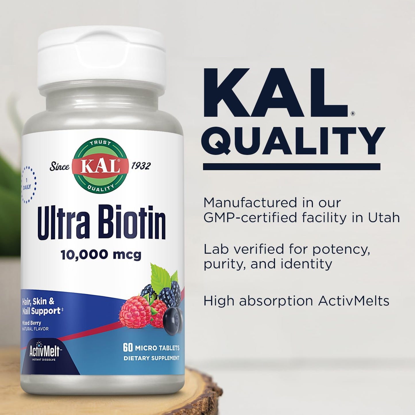 High Potency Ultra Biotin 10000mcg ActivMelt for Hair Growth, Skin & Nails - Vegetarian Mixed Berry Flavor - 60 Servings
