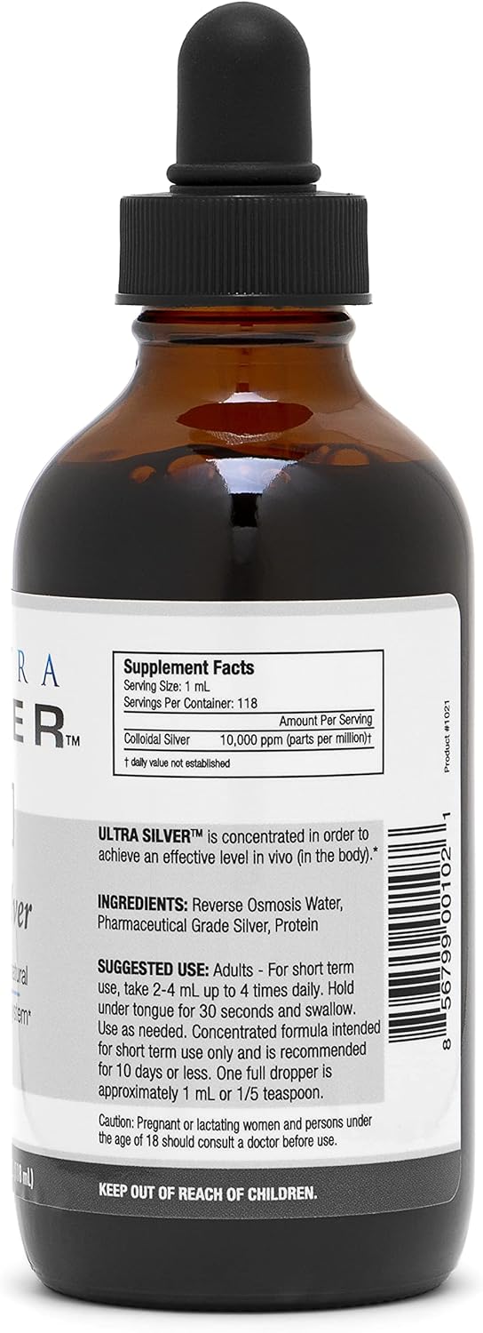 High Potency Ultra Silver® Colloidal Silver - 10,000 PPM, 4 Oz Bottle - Pure Mineral Supplement with Dropper