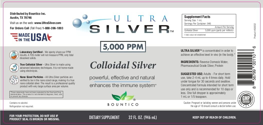 High Potency Ultra Silver® Colloidal Silver 5,000 PPM Mineral Supplement - 32 Oz Bottle with Bonus 4 oz Dropper Bottle