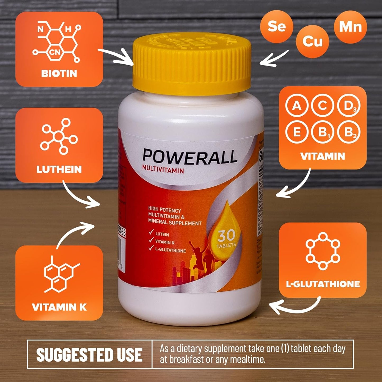 High Potency U.S. Health Club PowerAll Multivitamin for Adults - Immune, Eye & Circulatory Support - Lutein, L-Glutathione, Vitamin K - Non-GMO - 30 Count