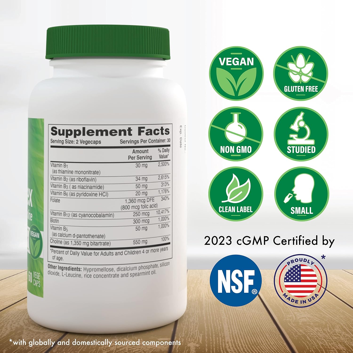 High Potency Vegan B-Complex Complete with Choline for Energy, Cognition, and Metabolic Support - Non-GMO - Pack of 60