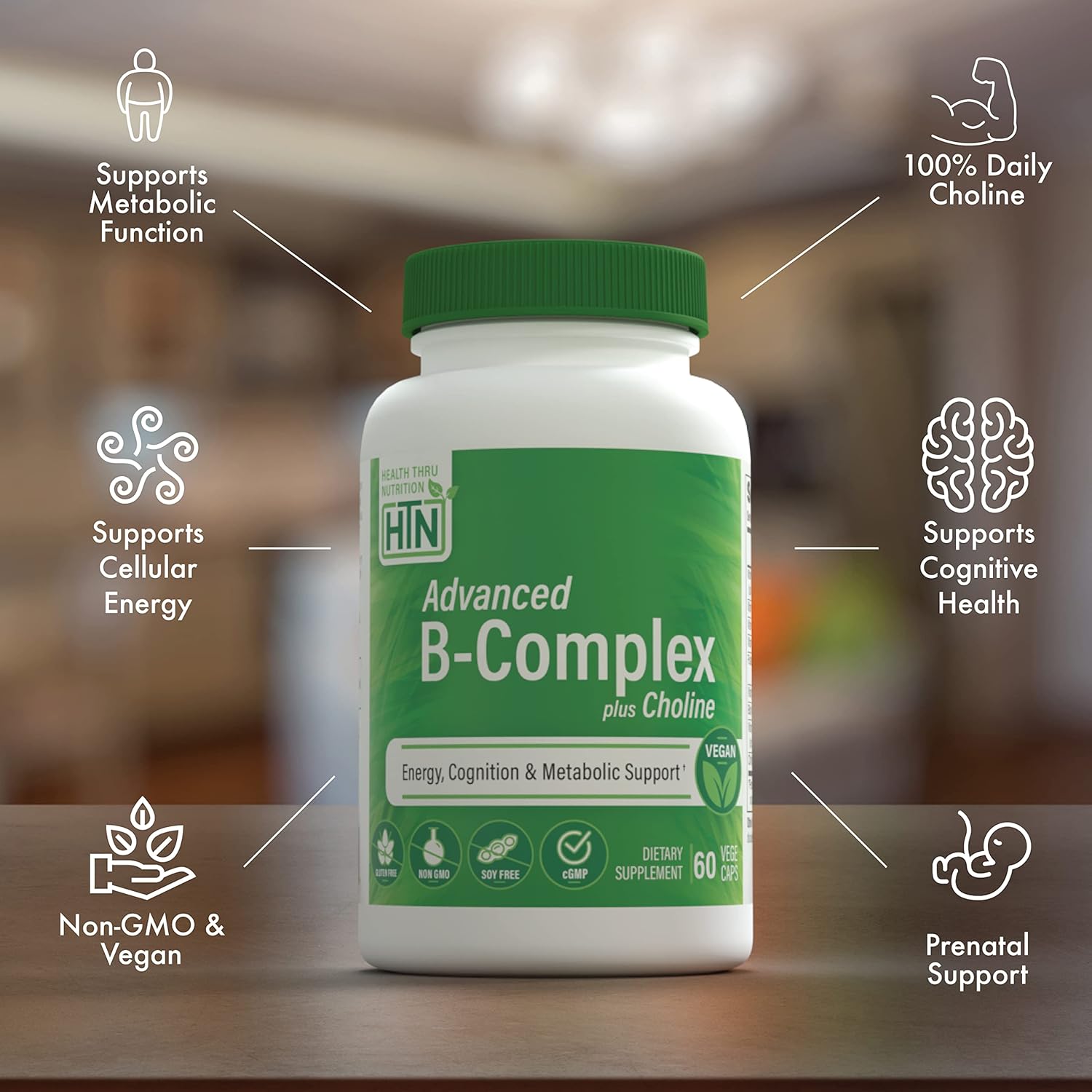 High Potency Vegan B-Complex Complete with Choline for Energy, Cognition, and Metabolic Support - Non-GMO - Pack of 60