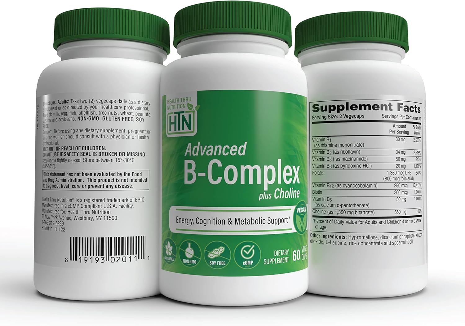 High Potency Vegan B-Complex Complete with Choline for Energy, Cognition, and Metabolic Support - Non-GMO - Pack of 60