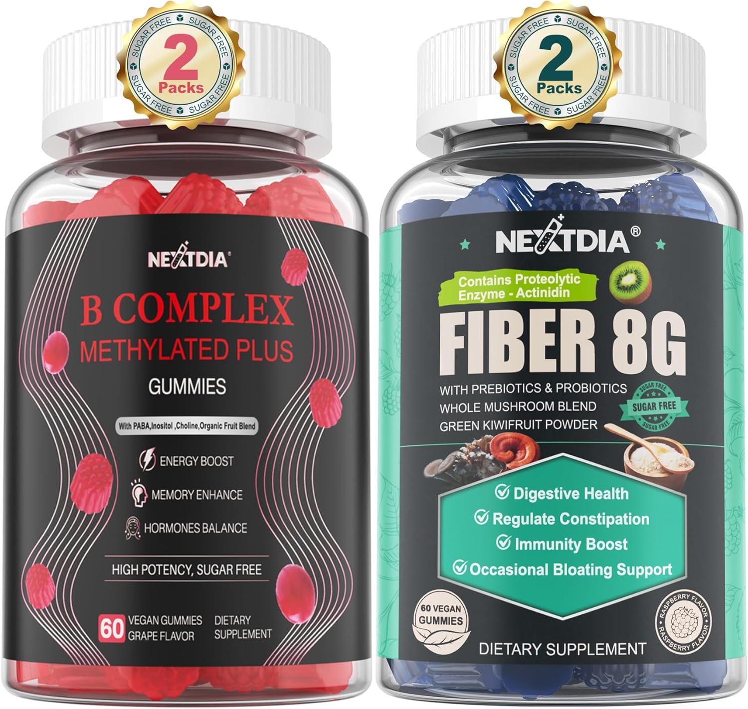 High-Potency Vegan Fiber Gummies with Mushroom and Psyllium Husk for Adults - Super B Complex Gummies for Women with Prebiotic Fiber - Nextdia