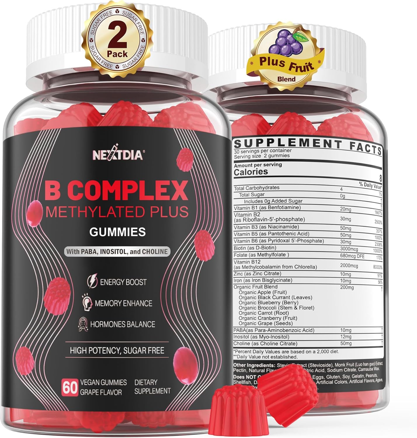 High-Potency Vegan Fiber Gummies with Mushroom and Psyllium Husk for Adults - Super B Complex Gummies for Women with Prebiotic Fiber - Nextdia