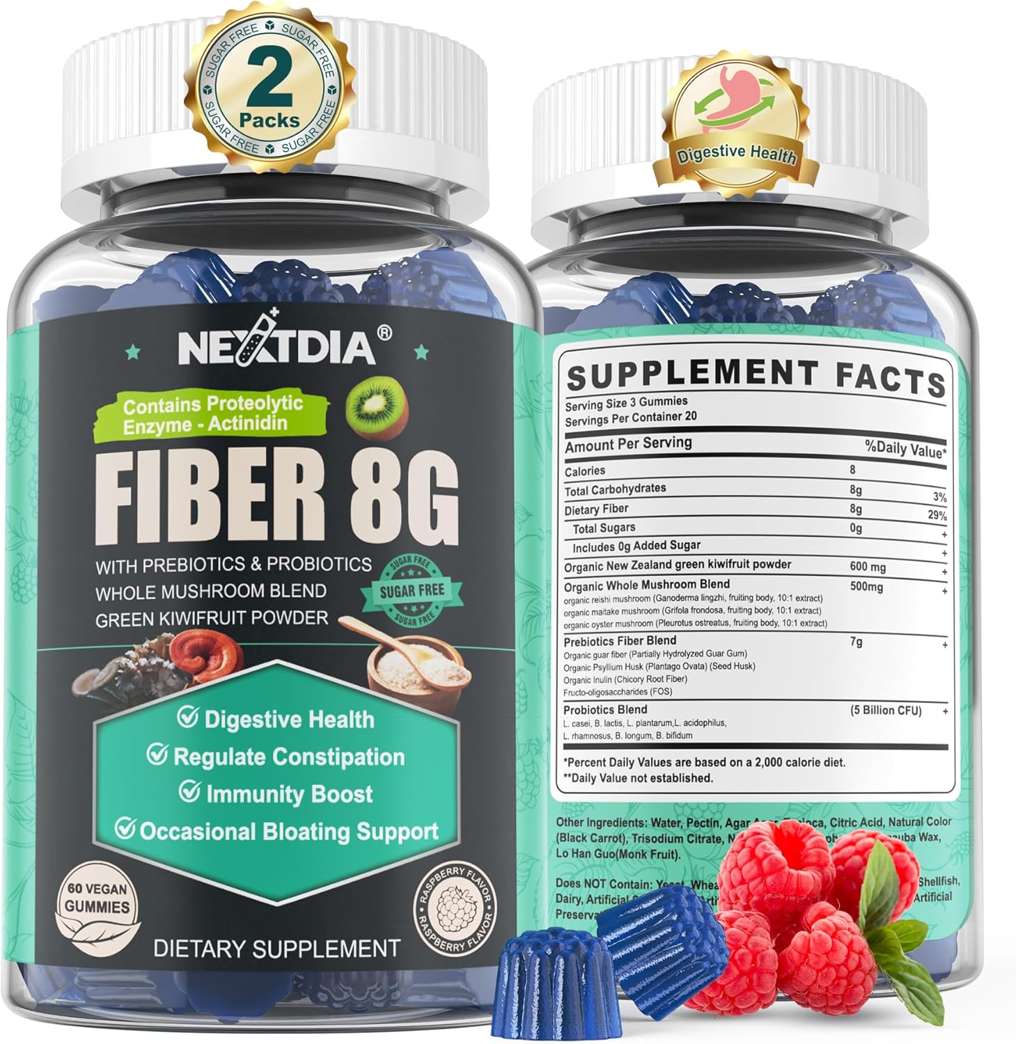 High-Potency Vegan Fiber Gummies with Mushroom and Psyllium Husk for Adults - Super B Complex Gummies for Women with Prebiotic Fiber - Nextdia