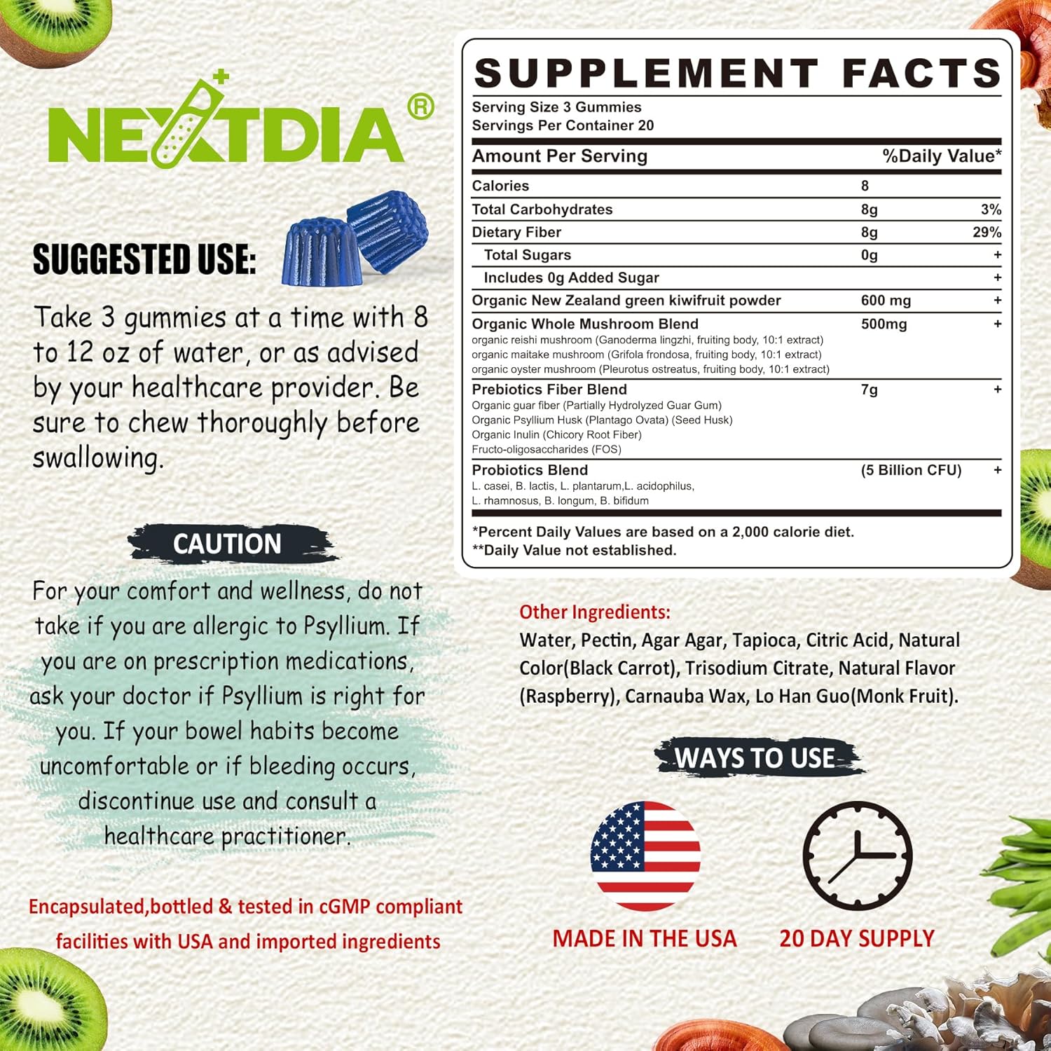 High-Potency Vegan Fiber Gummies with Mushroom and Psyllium Husk for Adults - Super B Complex Gummies for Women with Prebiotic Fiber - Nextdia