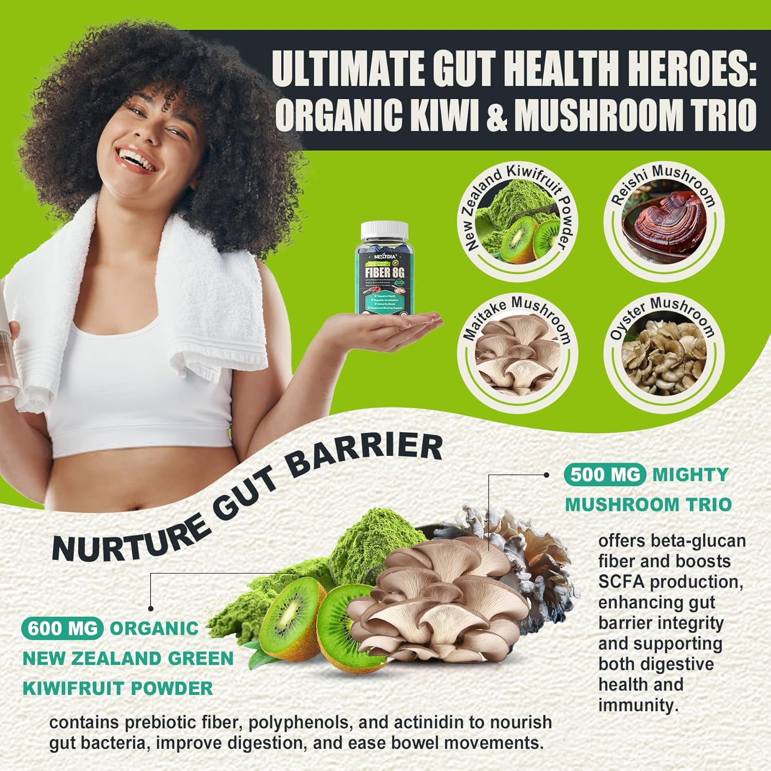 High-Potency Vegan Fiber Gummies with Mushroom and Psyllium Husk for Adults - Super B Complex Gummies for Women with Prebiotic Fiber - Nextdia