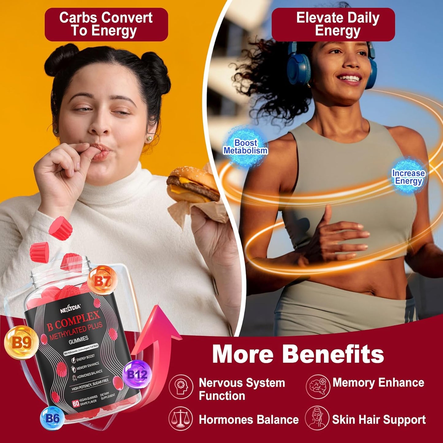 High-Potency Vegan Fiber Gummies with Mushroom and Psyllium Husk for Adults - Super B Complex Gummies for Women with Prebiotic Fiber - Nextdia