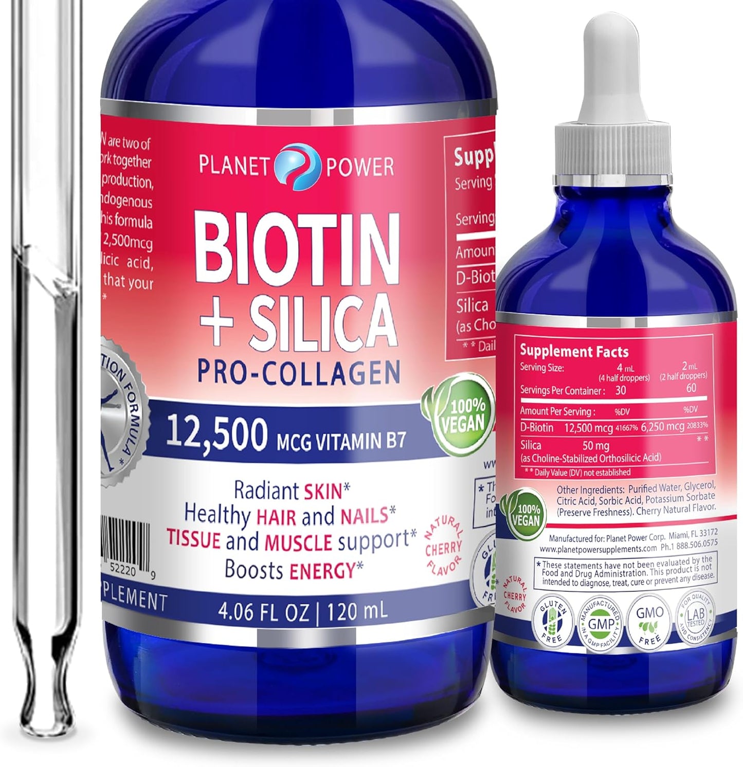 High-Potency Vegan Liquid Biotin with Silica for Hair, Skin, and Nails - 12,500mcg - Energy Boost - Men and Women - Cherry Flavor - 4oz