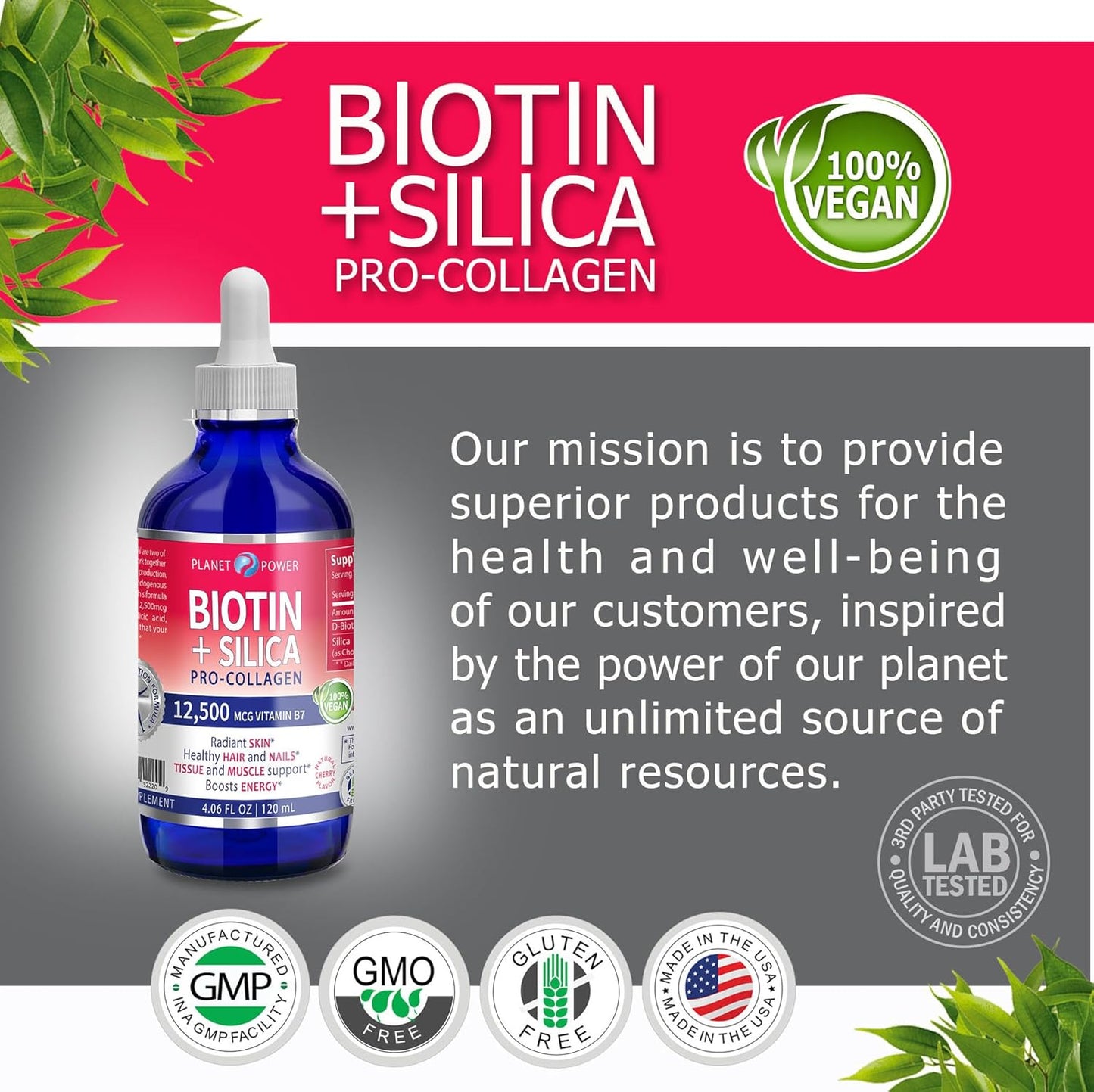 High-Potency Vegan Liquid Biotin with Silica for Hair, Skin, and Nails - 12,500mcg - Energy Boost - Men and Women - Cherry Flavor - 4oz
