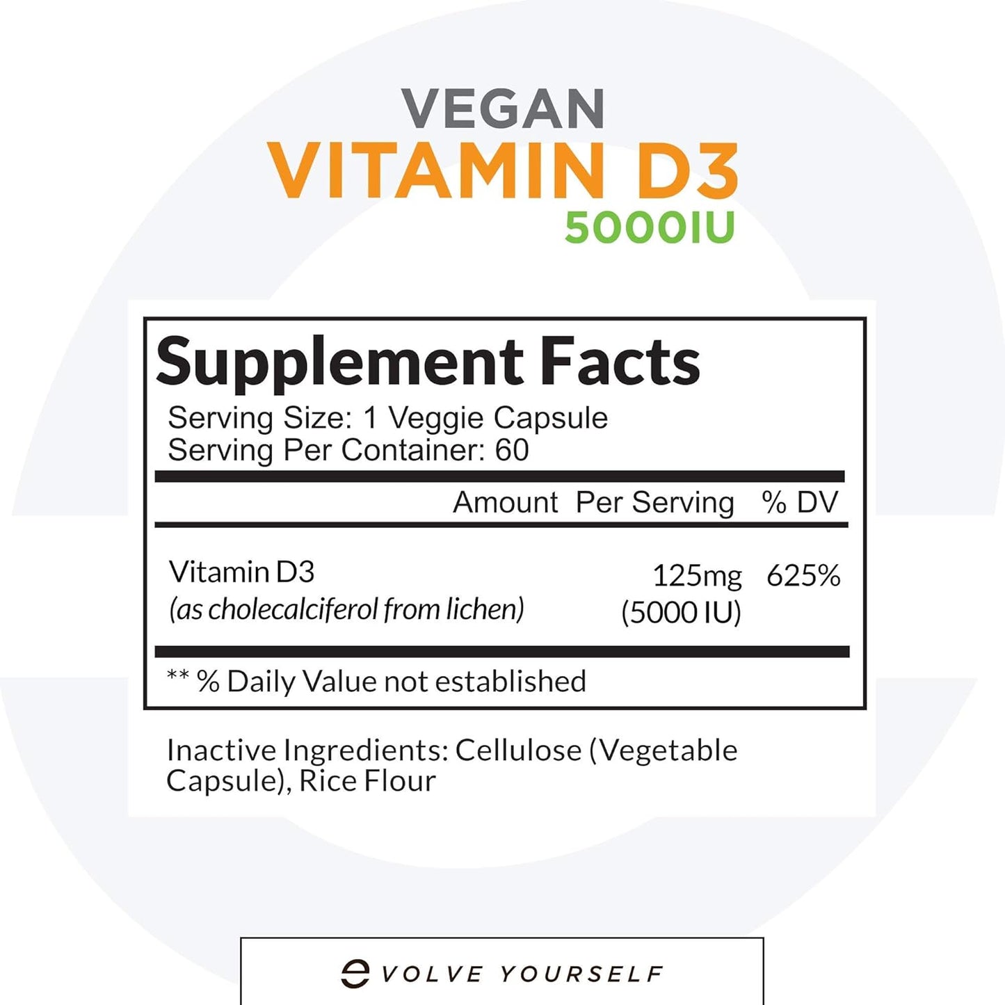 High Potency Vegan Vitamin D3 5000 IU Supplement for Immune Health & Strong Bones - 120 Capsules, 2-Month Supply