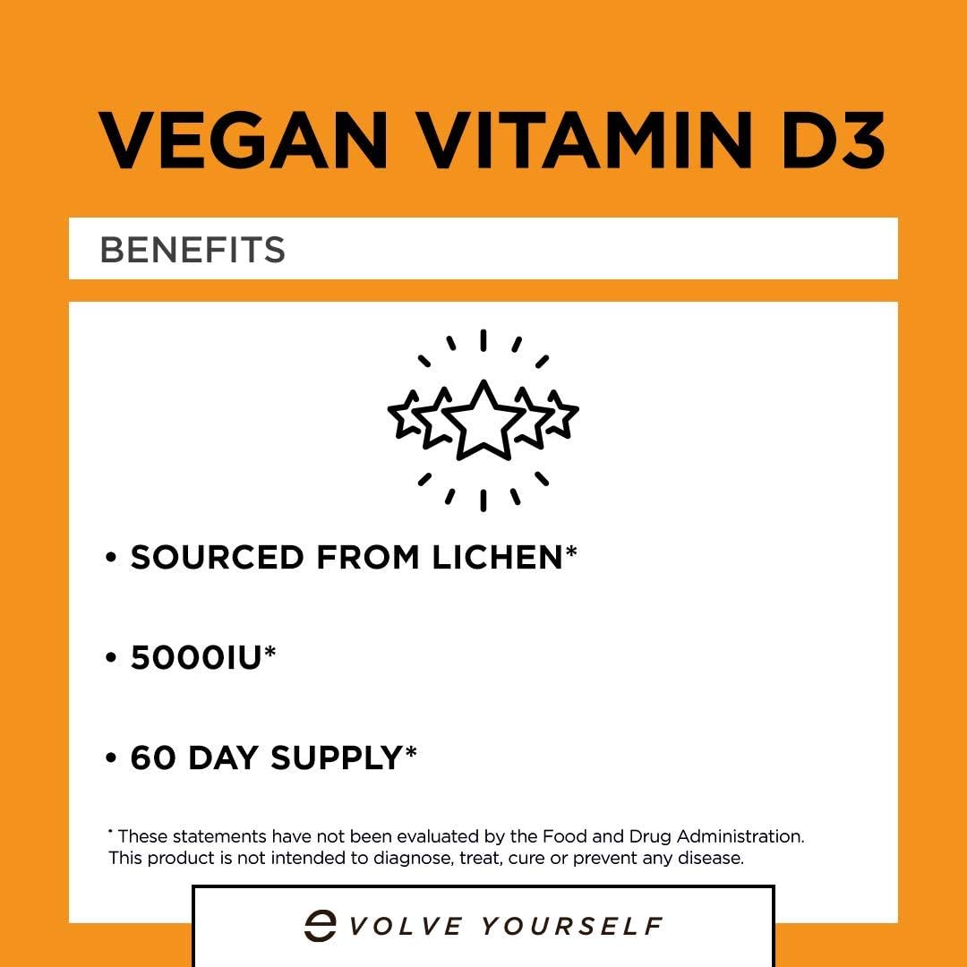 High Potency Vegan Vitamin D3 5000 IU Supplement for Immune Health & Strong Bones - 120 Capsules, 2-Month Supply