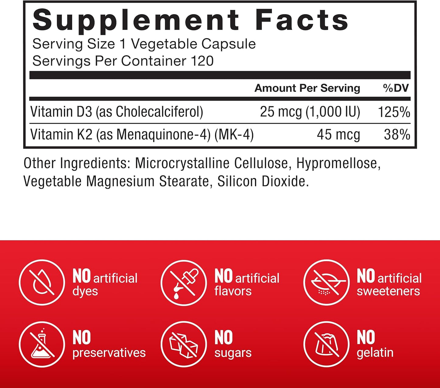 High-Potency Vegan Vitamin D3 K2 Capsules for Immunity, Heart & Bone Health - Non-GMO, 120 Count