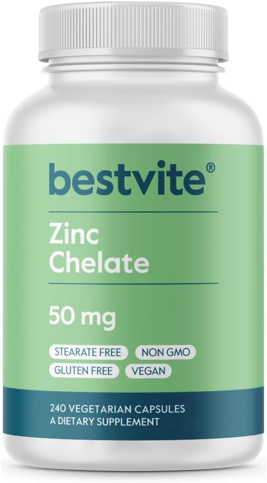 High Potency Vegan Zinc Chelate Capsules - 50mg (240 Count) - Non-GMO & Gluten-Free - No Fillers