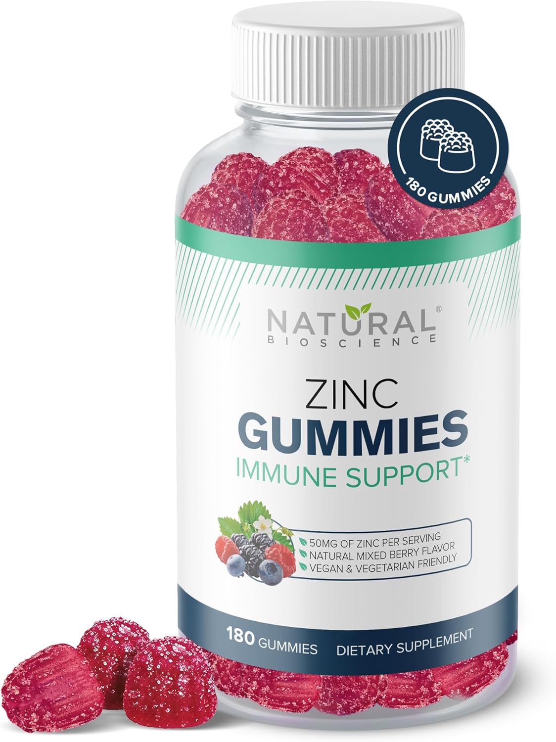 High Potency Vegan Zinc Gummies - 50mg Chewable Citrate Supplement for Immune Defense & Skin Health - Non-GMO, Gluten-Free - 180 Count