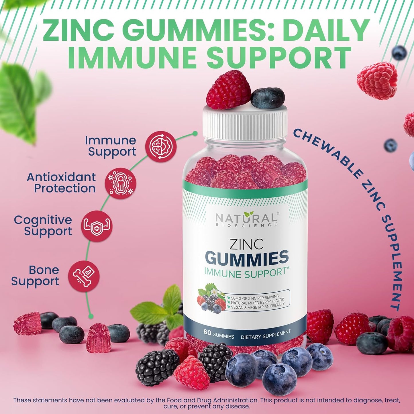 High Potency Vegan Zinc Gummies - 50mg Chewable Citrate Supplement for Immune Defense & Skin Health - Non-GMO, Gluten-Free - 180 Count