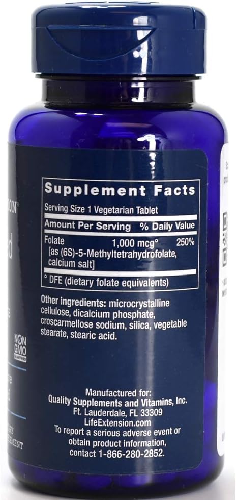 High Potency Vegetarian Folate Supplement, 1000mcg, 100 Tablets, Supports Life Extension