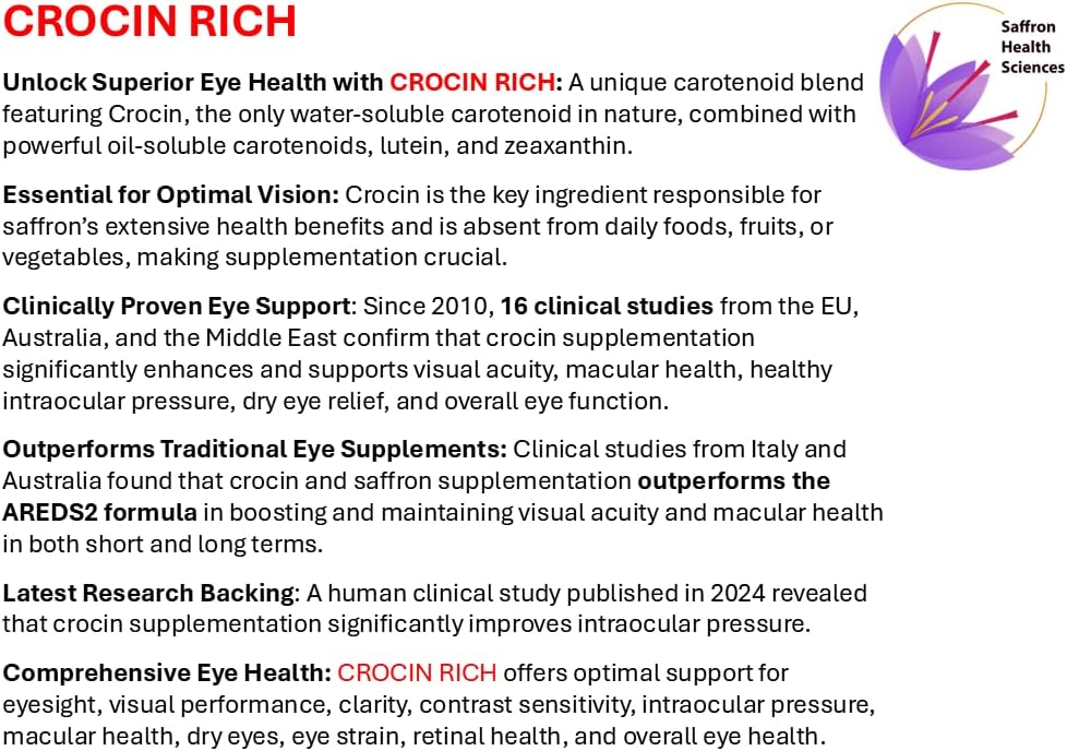 High-Potency Vision & Eye Health Supplement with Crocin, Lutein, and Zeaxanthin for Macular Support, Visual Acuity, Eye Pressure, Dry Eyes, Strain Relief, Night Vision, and UV Shield - 60 Tablets by Saffron Health Sciences