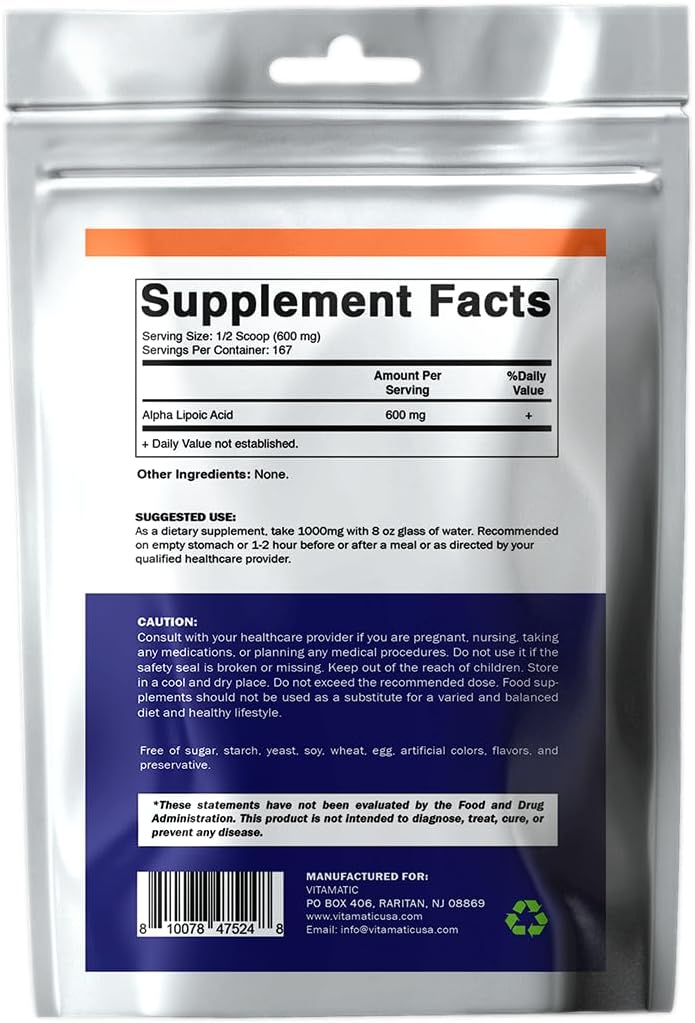 High Potency Vitamatic Alpha Lipoic Acid (ALA) - 600mg Per Serving - 167 Servings - Non-GMO & Gluten Free