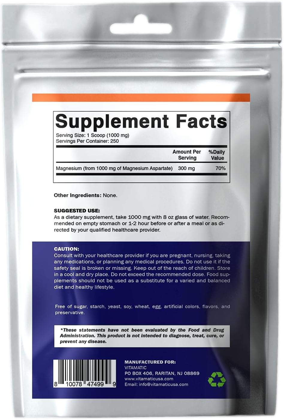 High Potency Vitamatic Magnesium Aspartate Powder for Muscle, Joint, and Heart Health - 1000mg per Serving - 250 Servings