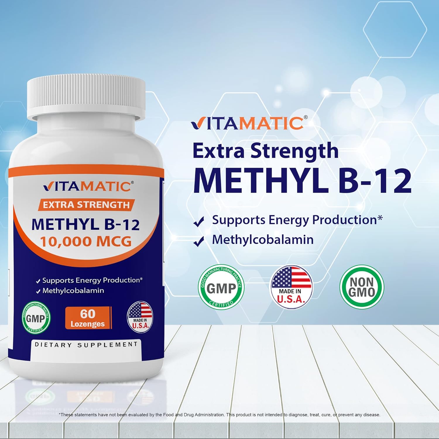 High Potency Vitamatic Methylcobalamin B12 Lozenges - 10,000 mcg, 60 Count - Ultimate Vitamin B12 Source