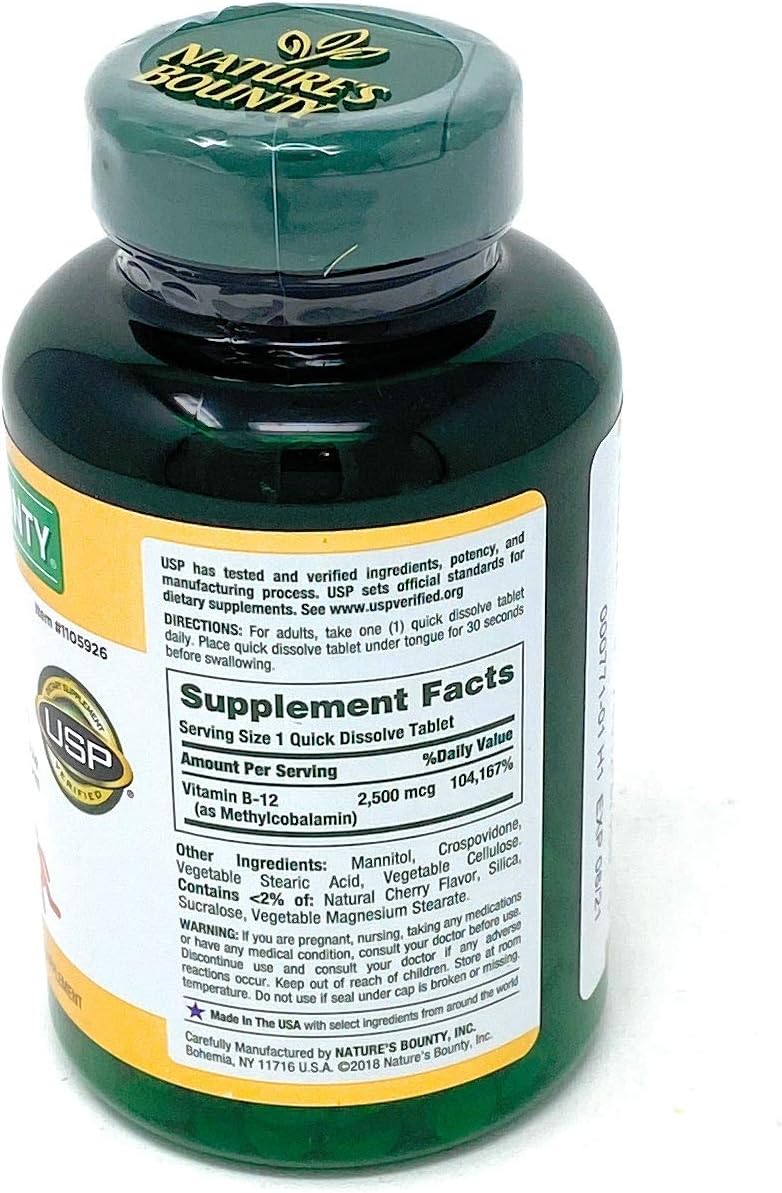 High Potency Vitamin B-12 2500 mcg Quick Dissolve Cherry Tablets (300 Count) - Fast Acting Energy Supplement by Nature's Bounty