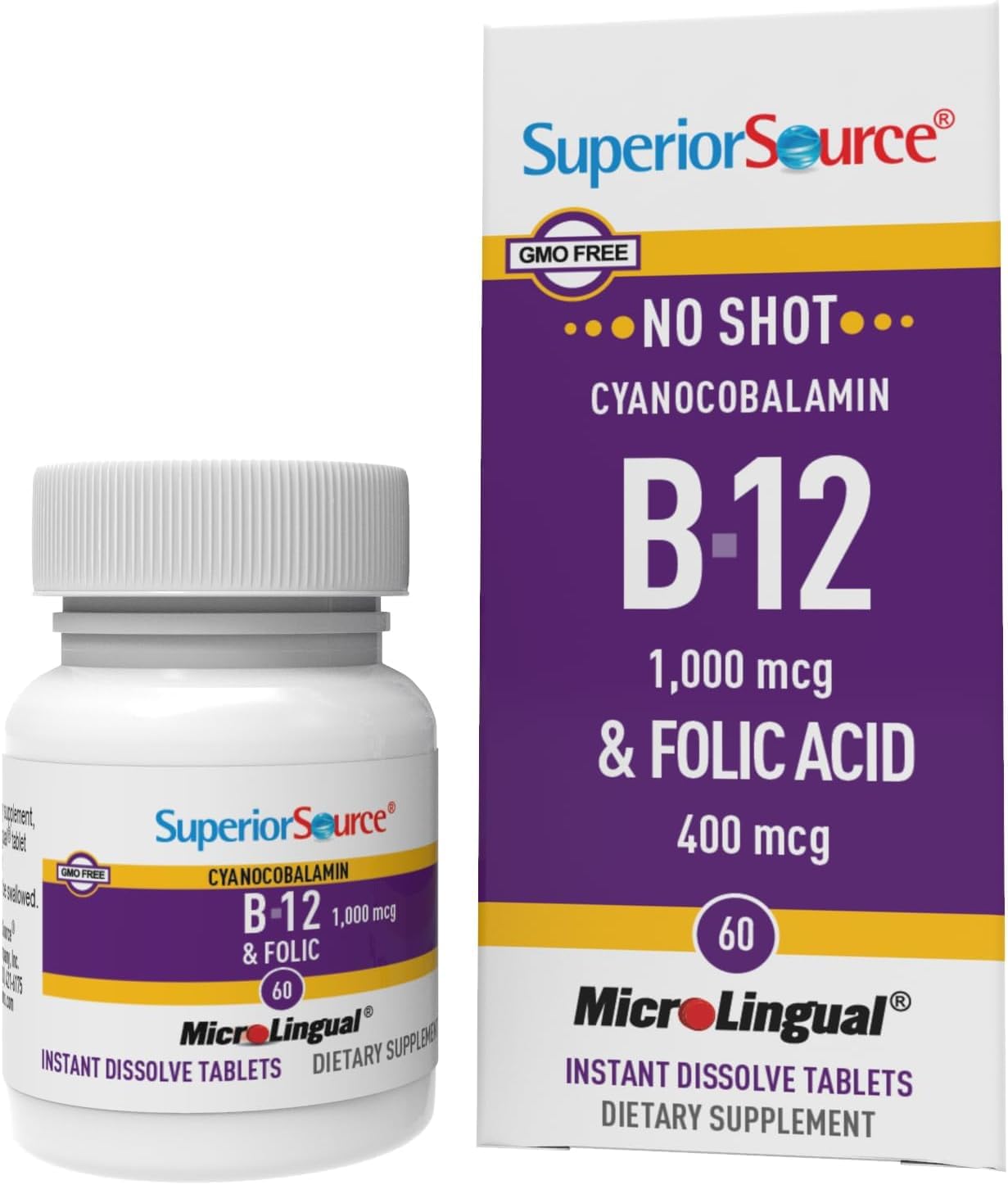 High Potency Vitamin B-12 and Folic Acid Sublingual Tablets for Energy, Heart, Brain, and Stress Support - 60 Count