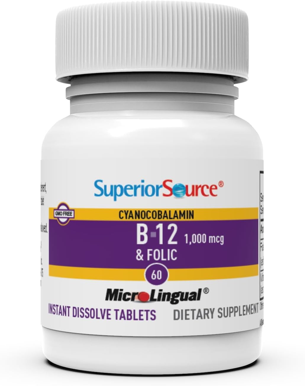 High Potency Vitamin B-12 and Folic Acid Sublingual Tablets for Energy, Heart, Brain, and Stress Support - 60 Count