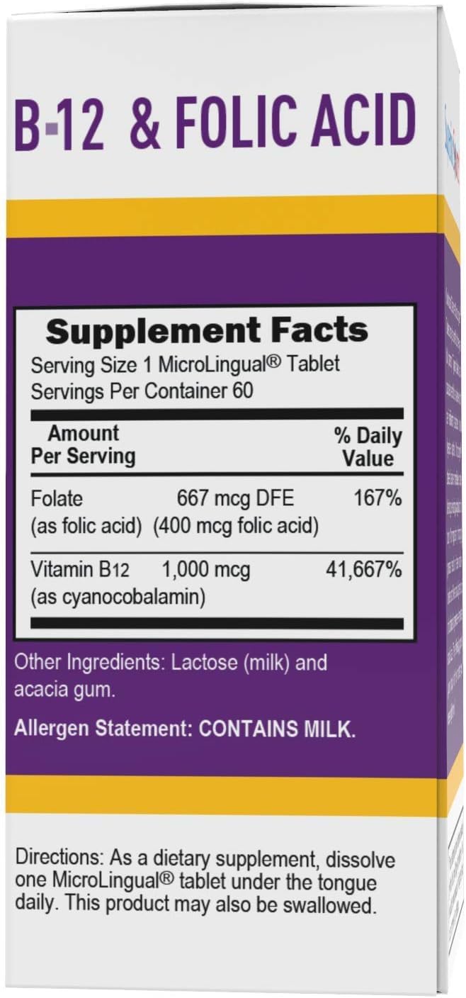High Potency Vitamin B-12 and Folic Acid Sublingual Tablets for Energy, Heart, Brain, and Stress Support - 60 Count