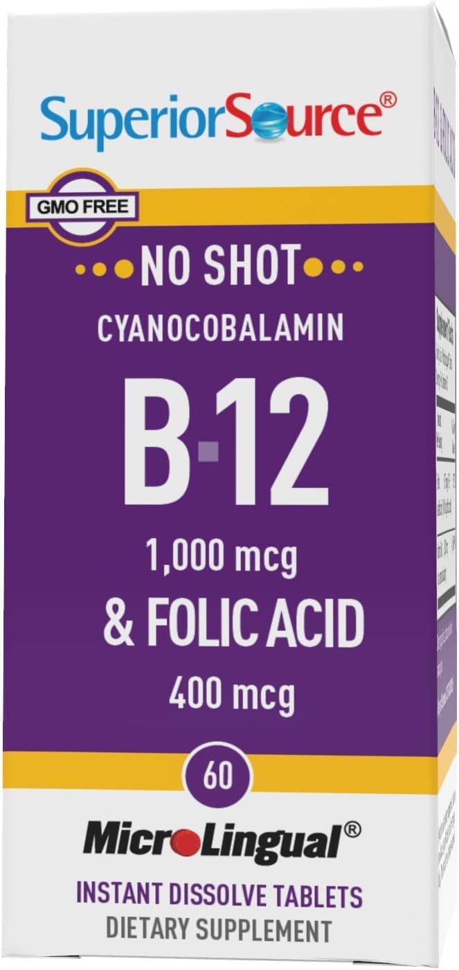 High Potency Vitamin B-12 and Folic Acid Sublingual Tablets for Energy, Heart, Brain, and Stress Support - 60 Count
