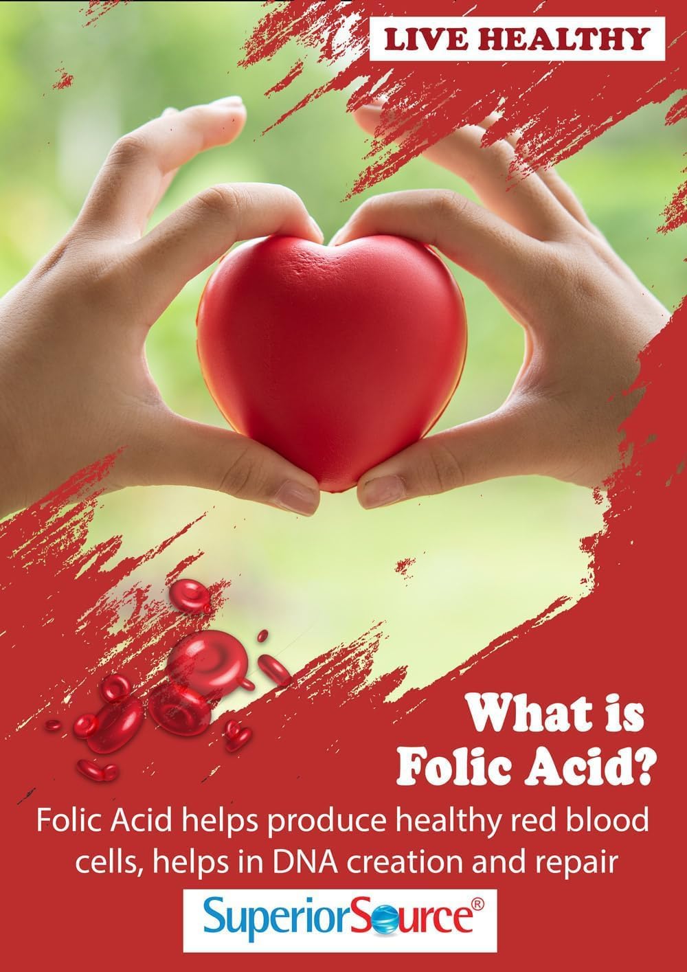 High Potency Vitamin B-12 and Folic Acid Sublingual Tablets for Energy, Heart, Brain, and Stress Support - 60 Count