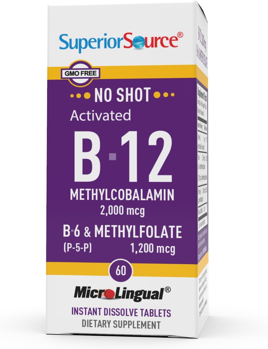 High Potency Vitamin B-12 Methylcobalamin, B-6, & Methylfolate Tablets for Energy, Brain, Heart Health - 60 Sublingual Dissolving Tabs