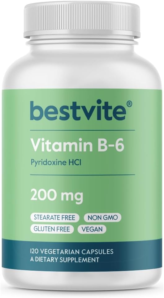 High Potency Vitamin B-6 200mg Capsules (120 Count) - Vegetarian, Vegan, Non-GMO, Gluten Free - No Stearates or Flow Agents