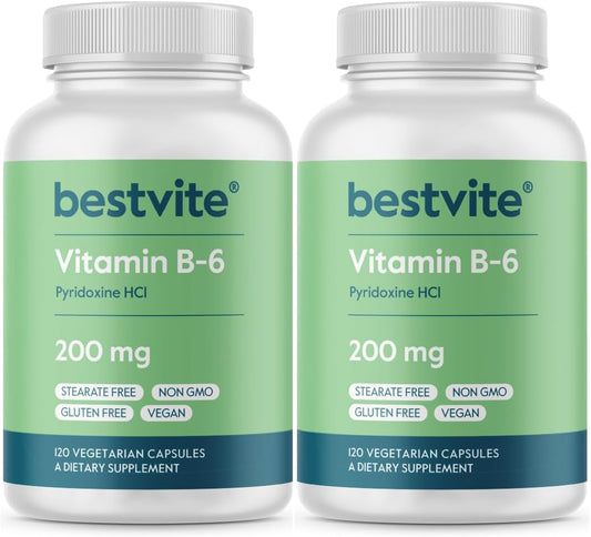 High Potency Vitamin B-6 200mg in Vegetarian Capsules (480 Count) - Stearate and Flow Agent Free - 2-Pack