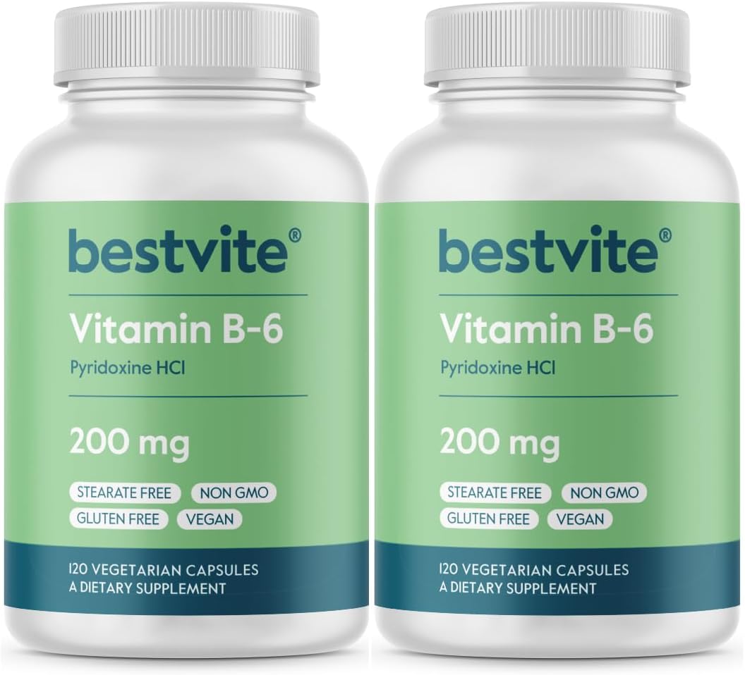 High Potency Vitamin B-6 200mg in Vegetarian Capsules (480 Count) - Stearate and Flow Agent Free - 2-Pack