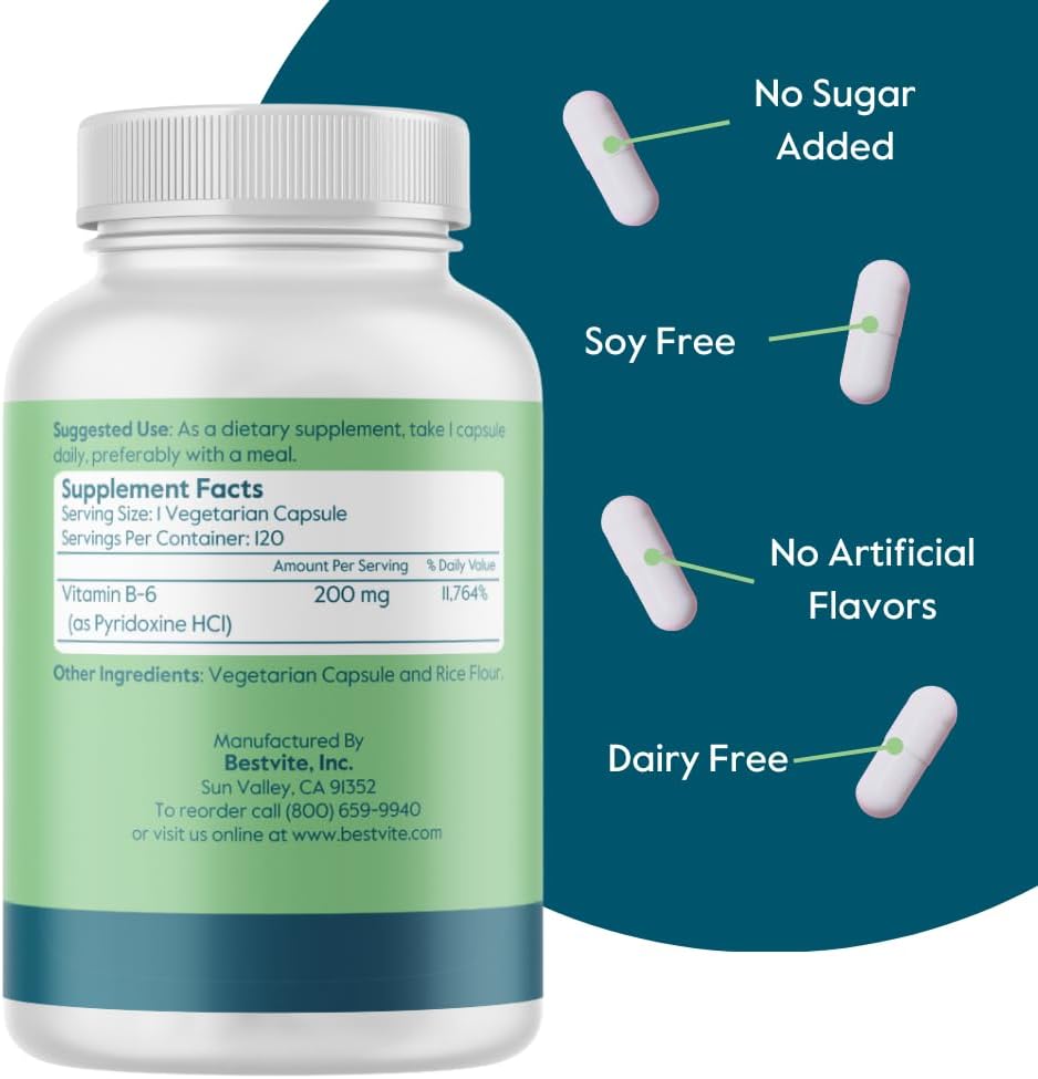 High Potency Vitamin B-6 200mg in Vegetarian Capsules (480 Count) - Stearate and Flow Agent Free - 2-Pack