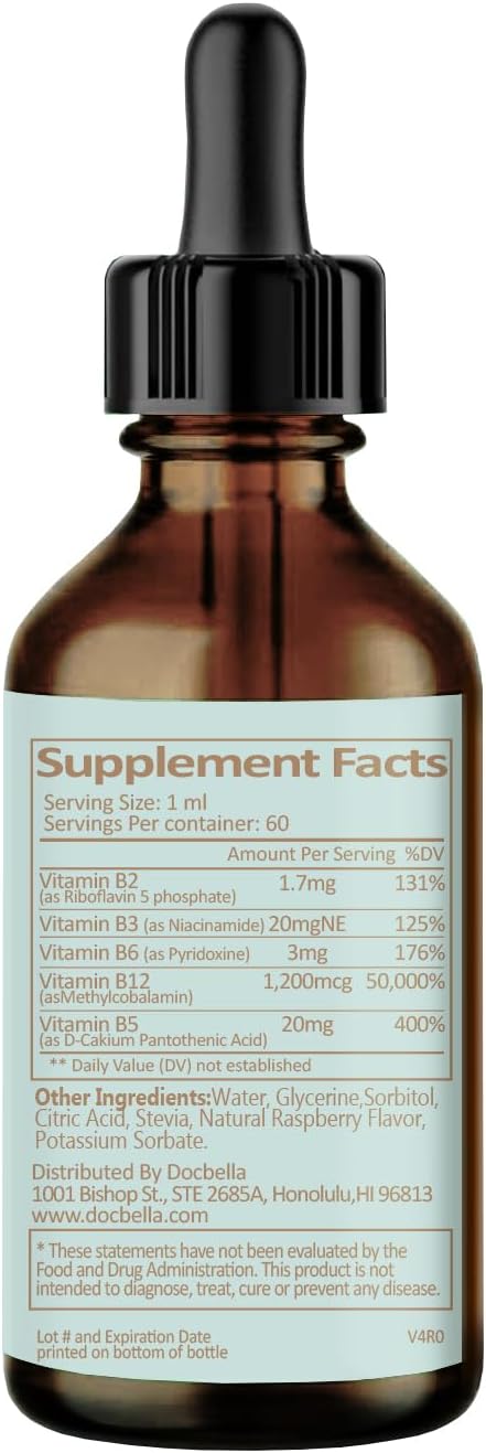 High-Potency Vitamin B Complex Drops with B12 1200mcg & Stevia, USA-Made