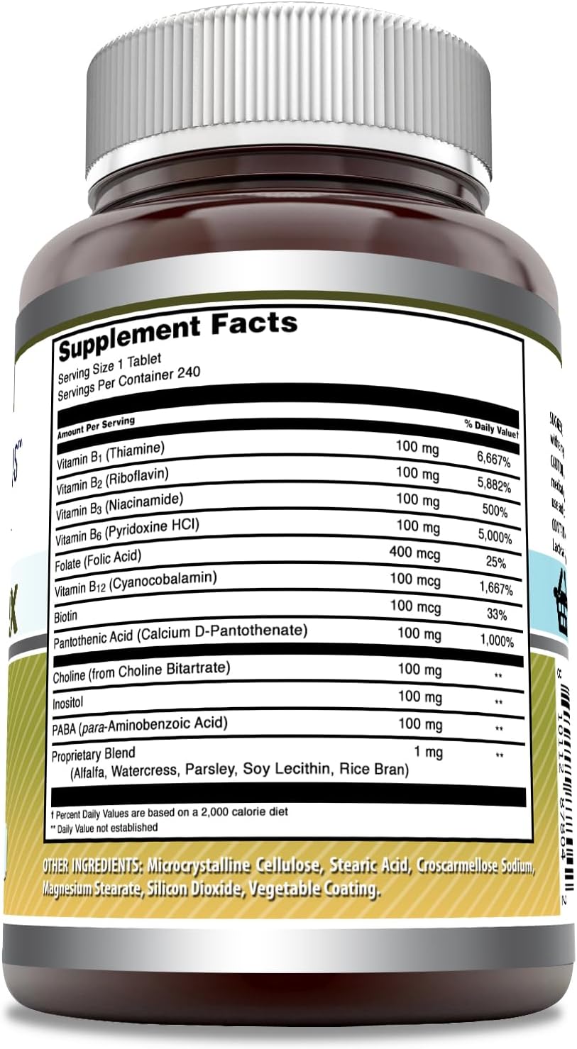 High Potency Vitamin B Complex Supplement with 11 Essential Nutrients | 240 Tablets | Vitamin B1, B2, B3, B6, B12, Folic Acid, Biotin, Choline, Inositol, PABA